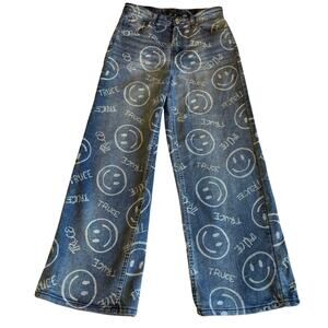 Truce Smiley Face Print Wide Leg Street Style Blue Jeans Size 16 Juniors